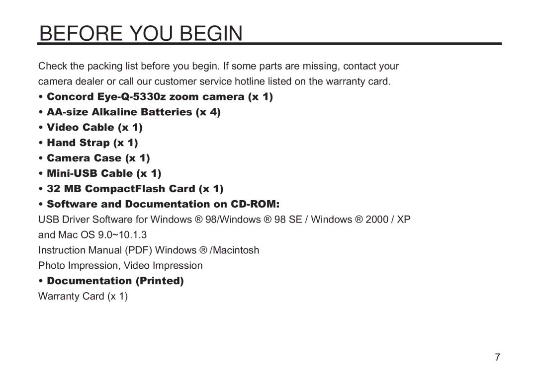 Concord Camera 5330z manual Before YOU Begin, Documentation Printed 