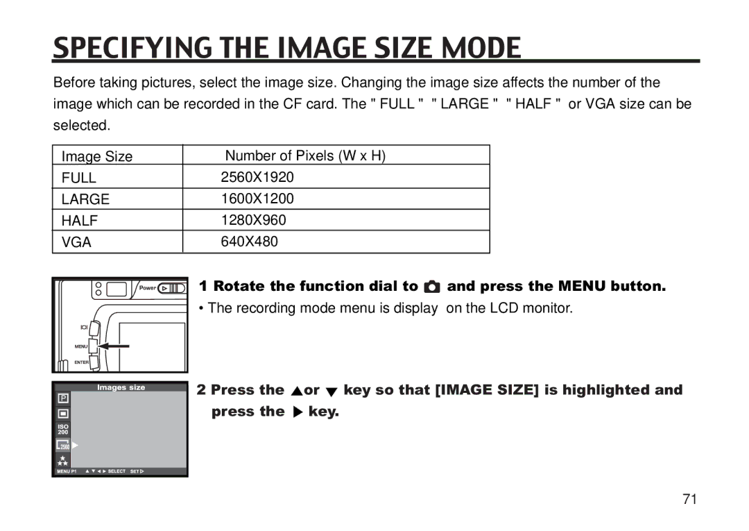 Concord Camera 5330z manual Specifying the Image Size Mode, Rotate the function dial to 