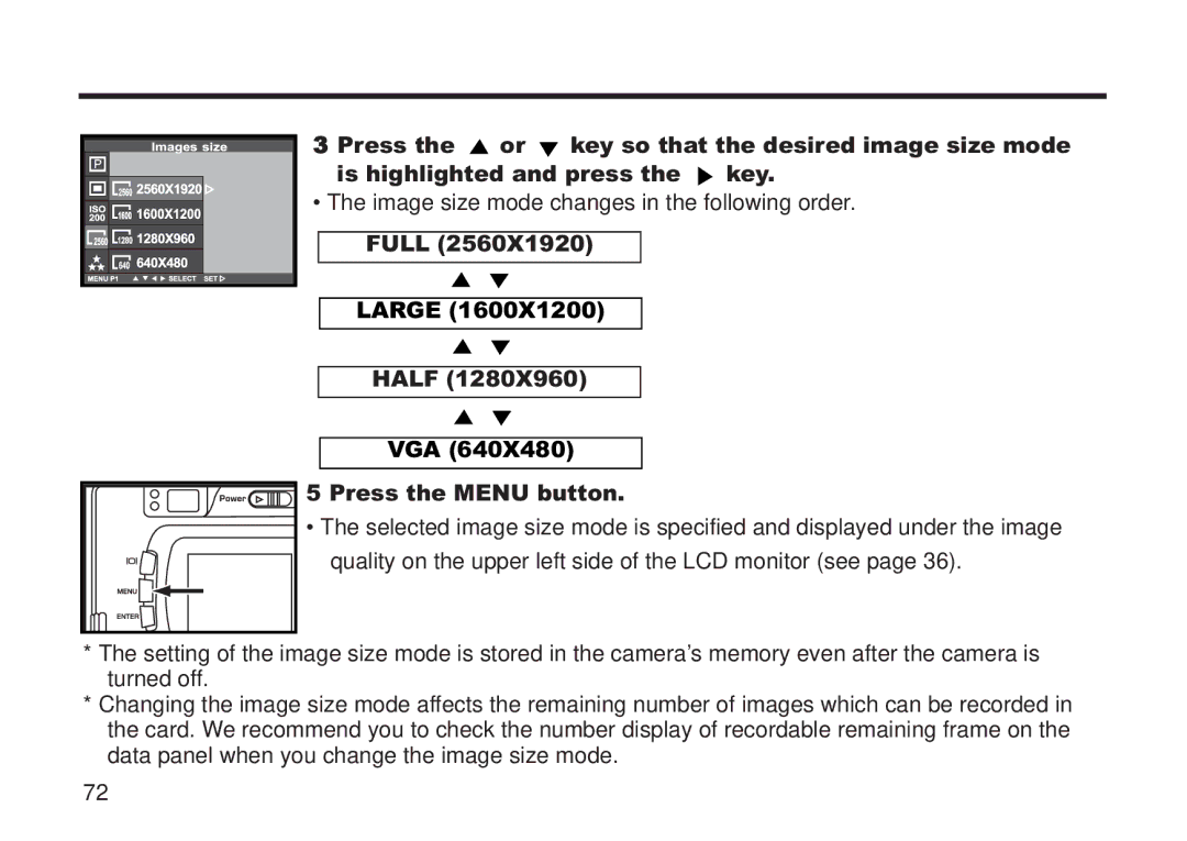 Concord Camera 5330z manual Full Large Half VGA Press the Menu button 