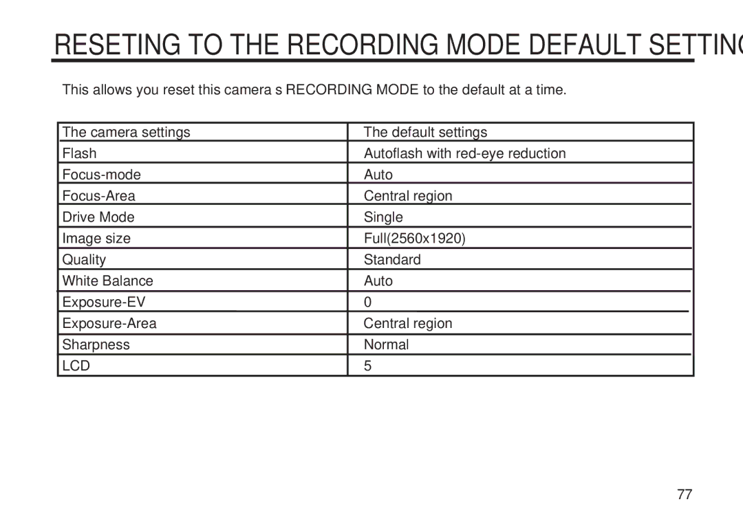 Concord Camera 5330z manual Reseting to the Recording Mode Default Settings 