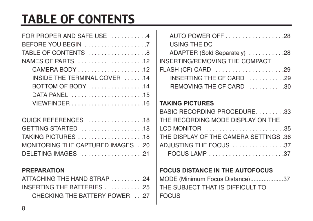 Concord Camera 5330z manual Table of Contents 