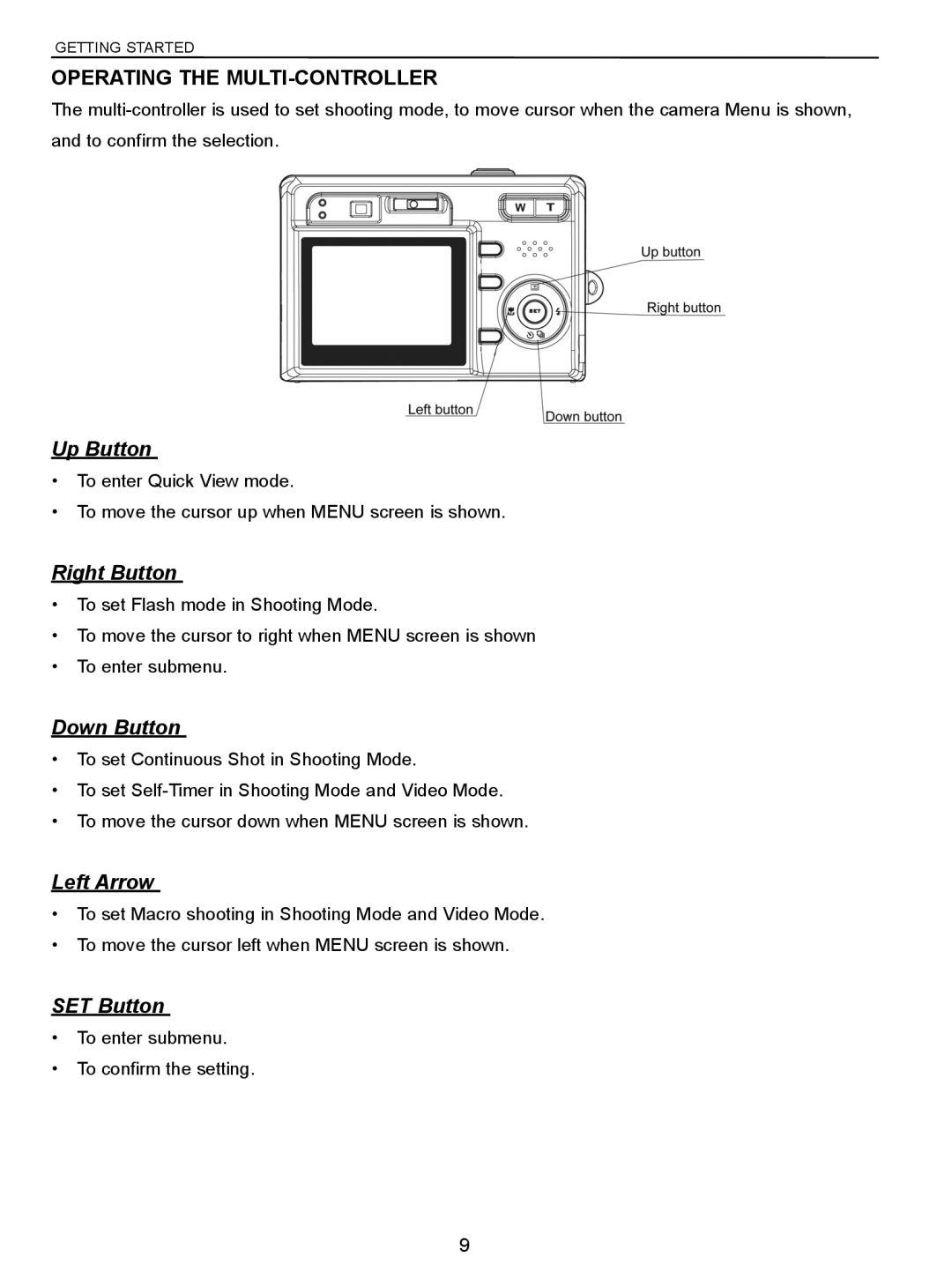 Concord Camera 5340z manual Up Button, Right Button, Down Button, Left Arrow, SET Button 