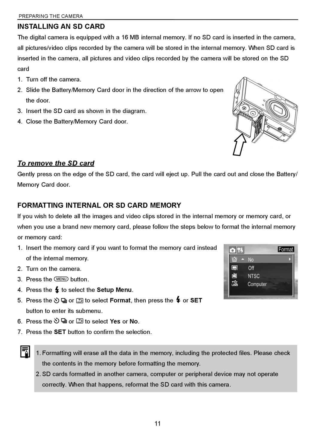 Concord Camera 5340z manual Installing AN SD Card, To remove the SD card, Formatting Internal or SD Card Memory 