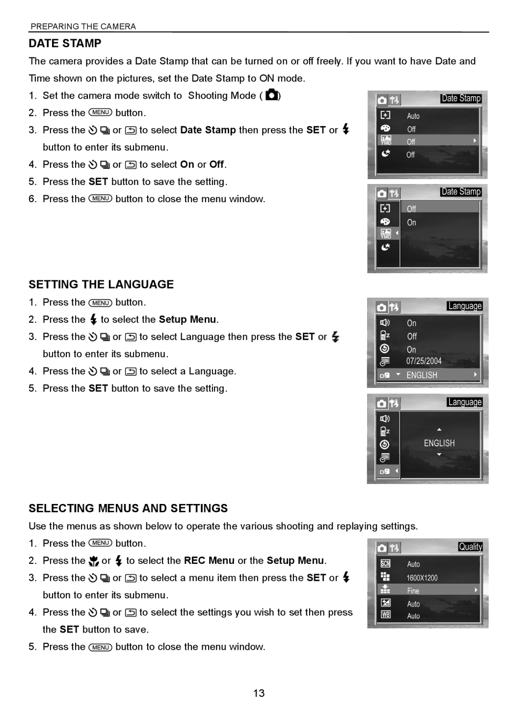 Concord Camera 5340z manual Date Stamp, Setting the Language, Selecting Menus and Settings 