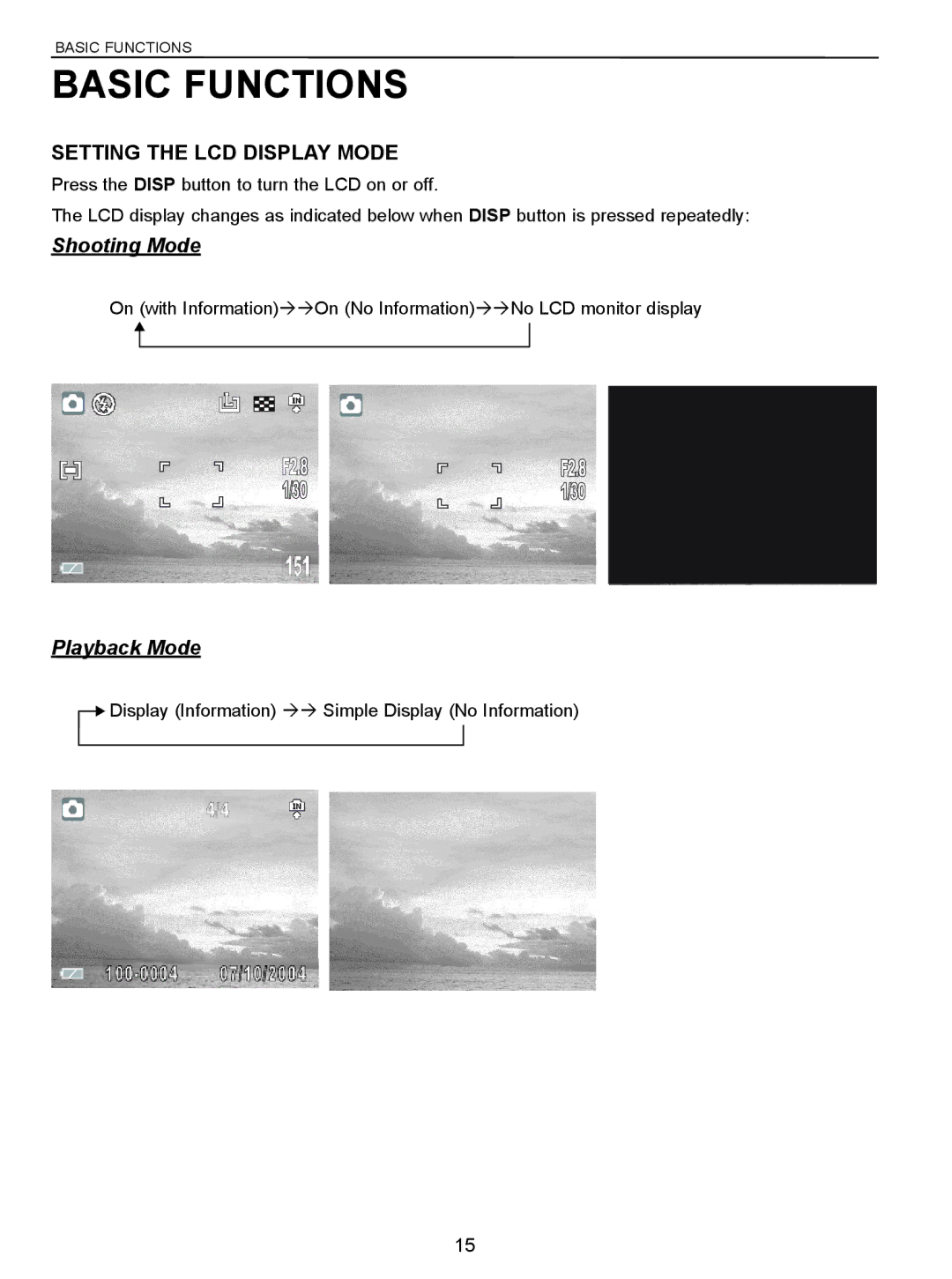 Concord Camera 5340z manual Basic Functions, Setting the LCD Display Mode, Shooting Mode, Playback Mode 