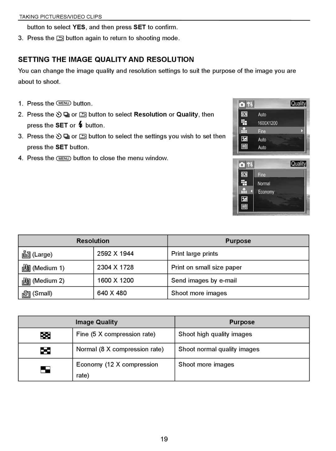 Concord Camera 5340z manual Setting the Image Quality and Resolution, Resolution Purpose, Image Quality Purpose 