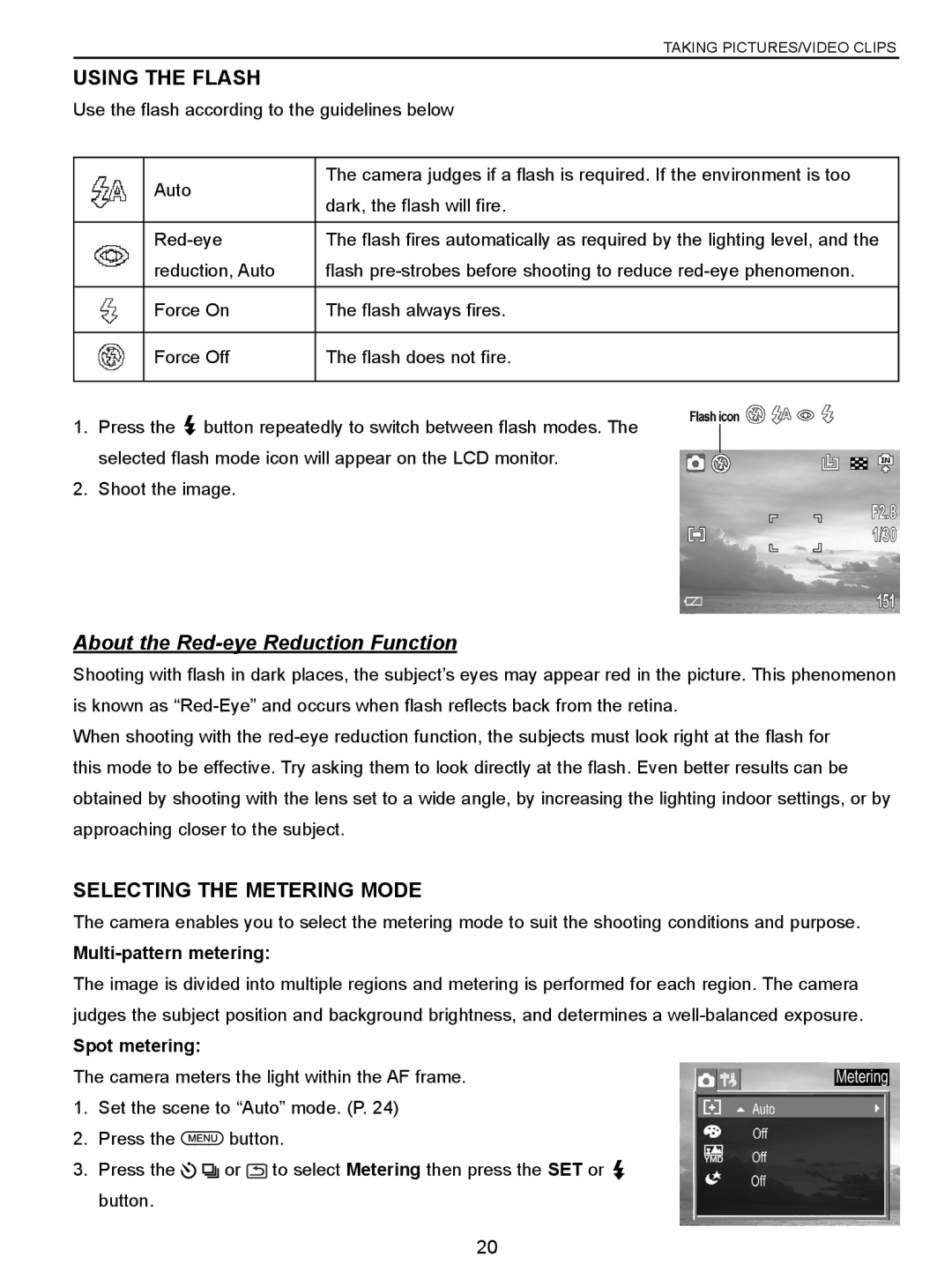 Concord Camera 5340z Using the Flash, About the Red-eye Reduction Function, Selecting the Metering Mode, Spot metering 