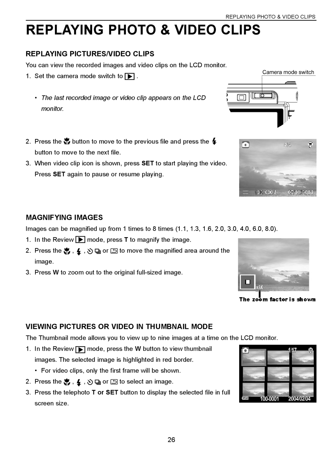 Concord Camera 5340z manual Replaying Photo & Video Clips, Replaying PICTURES/VIDEO Clips, Magnifying Images 