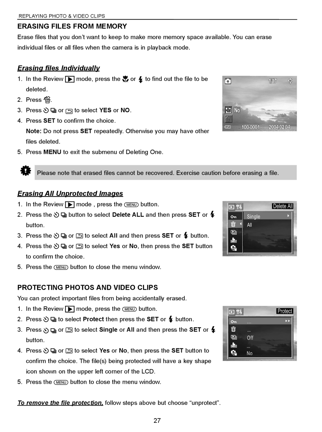 Concord Camera 5340z manual Erasing Files from Memory, Erasing files Individually, Erasing All Unprotected Images 