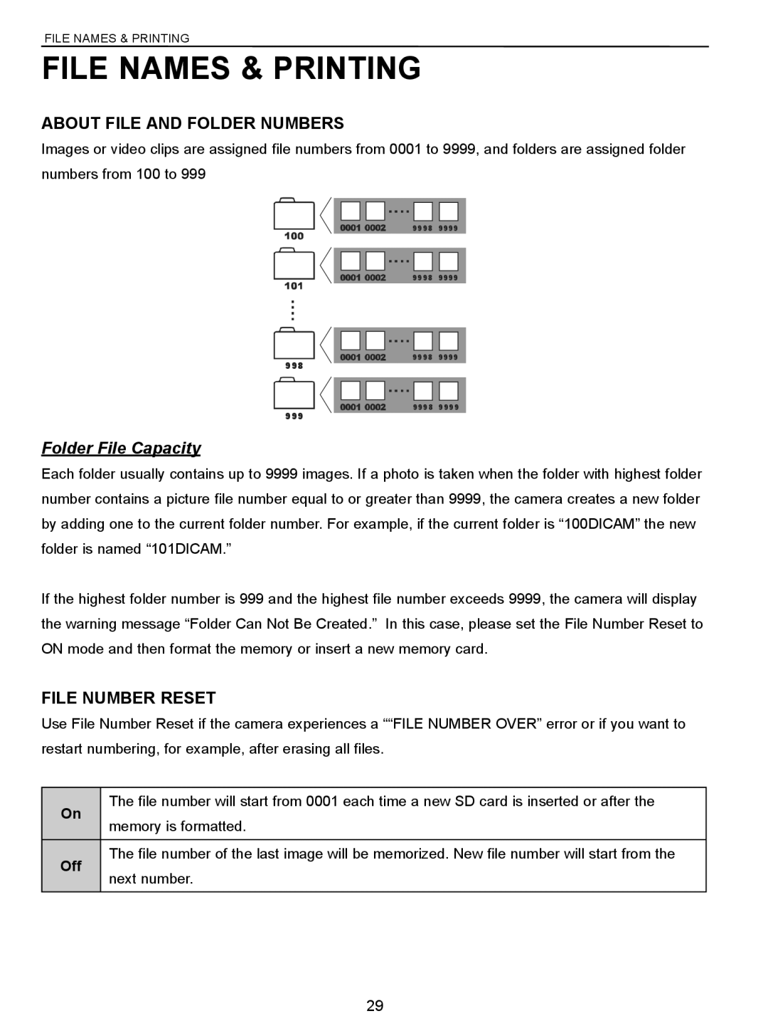 Concord Camera 5340z File Names & Printing, About File and Folder Numbers, Folder File Capacity, File Number Reset, Off 