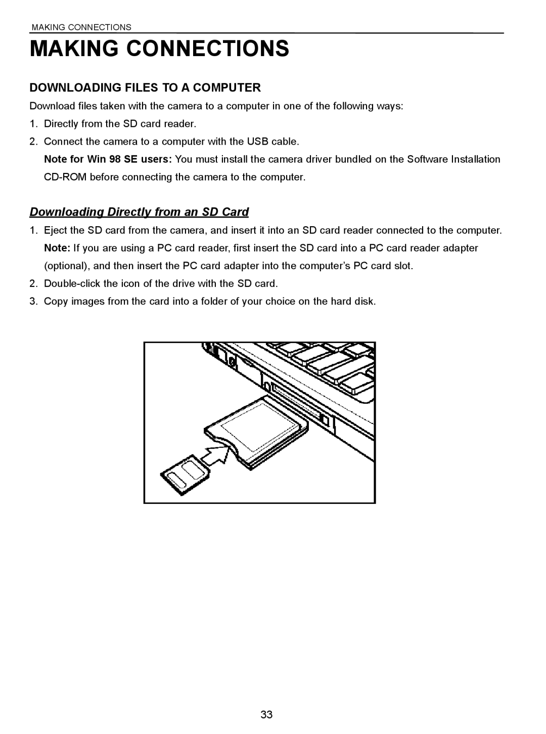 Concord Camera 5340z manual Making Connections, Downloading Files to a Computer, Downloading Directly from an SD Card 