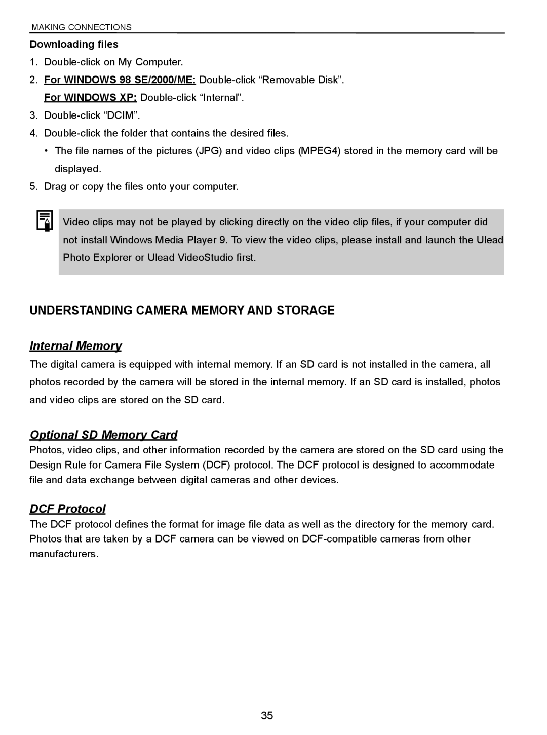 Concord Camera 5340z manual Understanding Camera Memory and Storage, Internal Memory, Optional SD Memory Card, DCF Protocol 