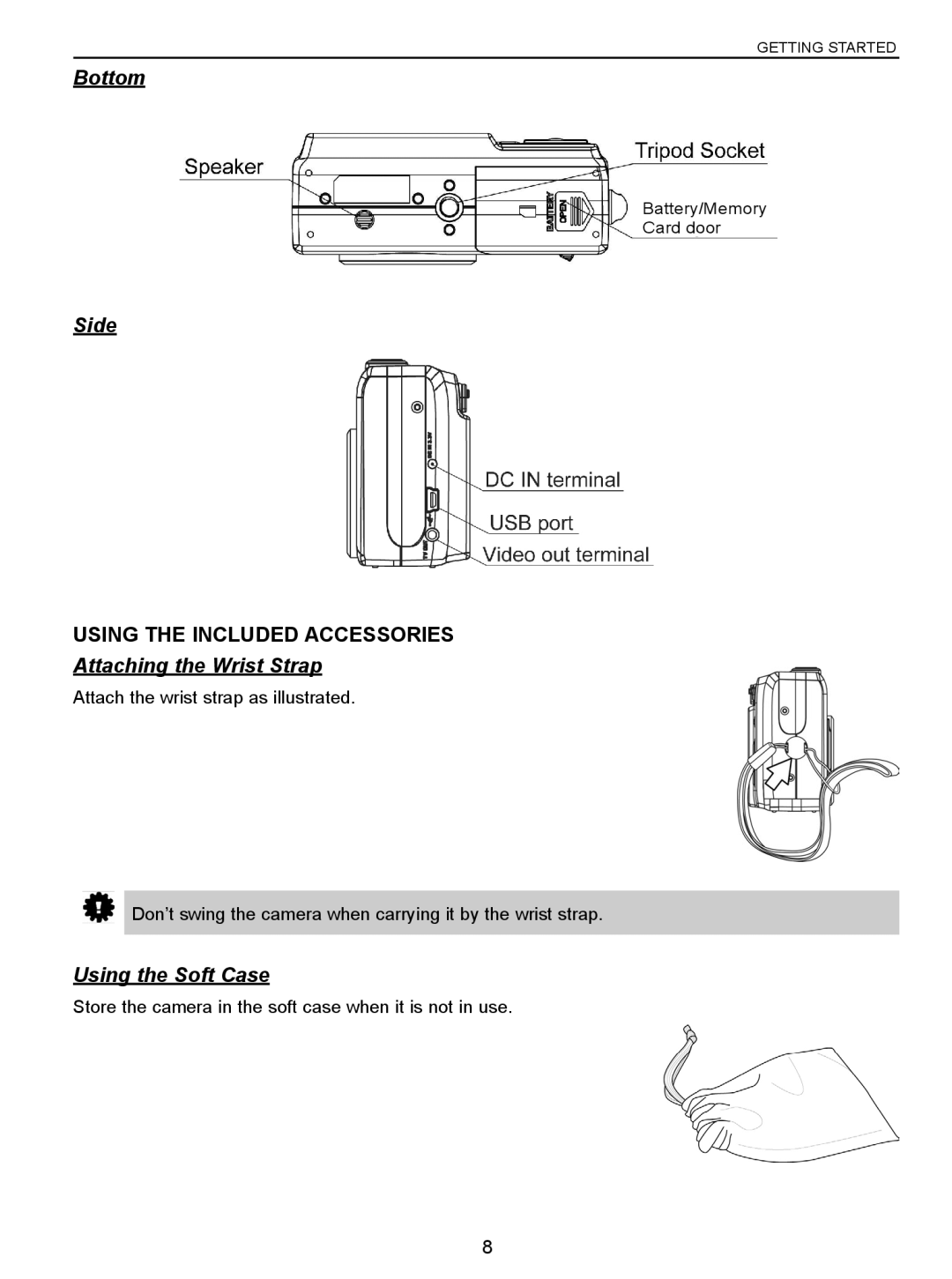 Concord Camera 5340z manual Bottom, Side, Using the Included Accessories, Attaching the Wrist Strap, Using the Soft Case 