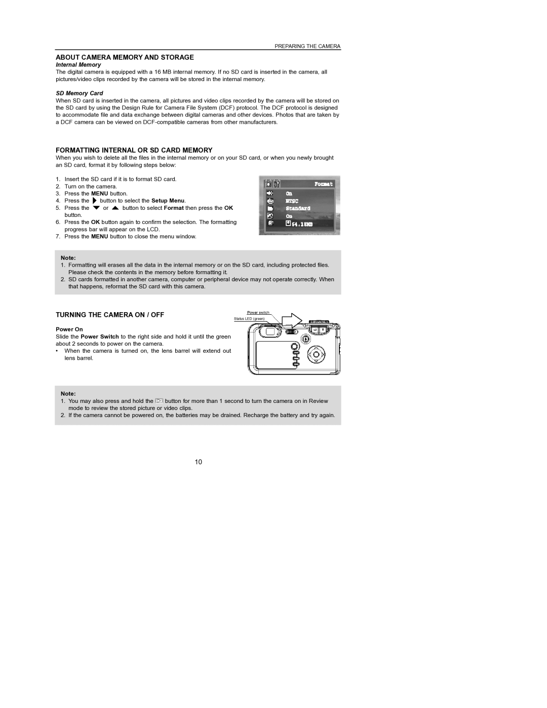 Concord Camera 6340z About Camera Memory and Storage, Formatting Internal or SD Card Memory, Turning the Camera on / OFF 