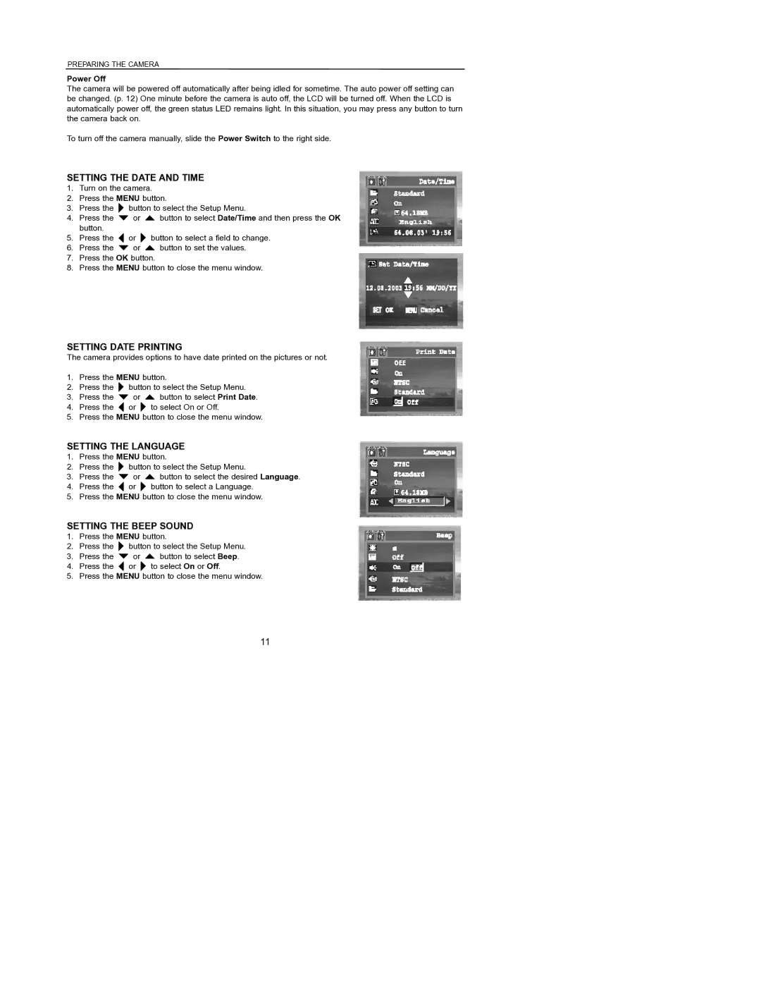 Concord Camera 6340z manual Setting the Date and Time, Setting Date Printing, Setting the Language, Setting the Beep Sound 