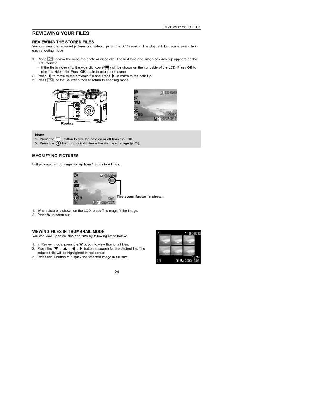 Concord Camera 6340z manual Reviewing the Stored Files, Magnifying Pictures, Viewing Files in Thumbnail Mode 