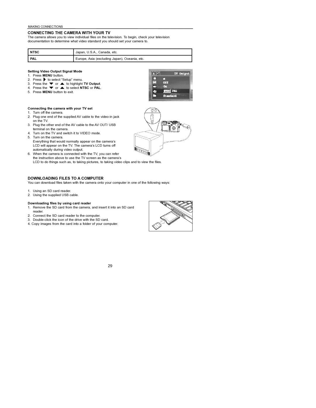 Concord Camera 6340z Connecting the Camera with Your TV, Downloading Files to a Computer, Setting Video Output Signal Mode 