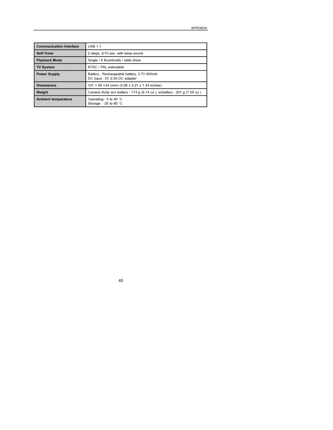 Concord Camera 6340z manual Communication Interface, Self-Timer, Playback Mode, TV System, Power Supply, Dimensions, Weight 