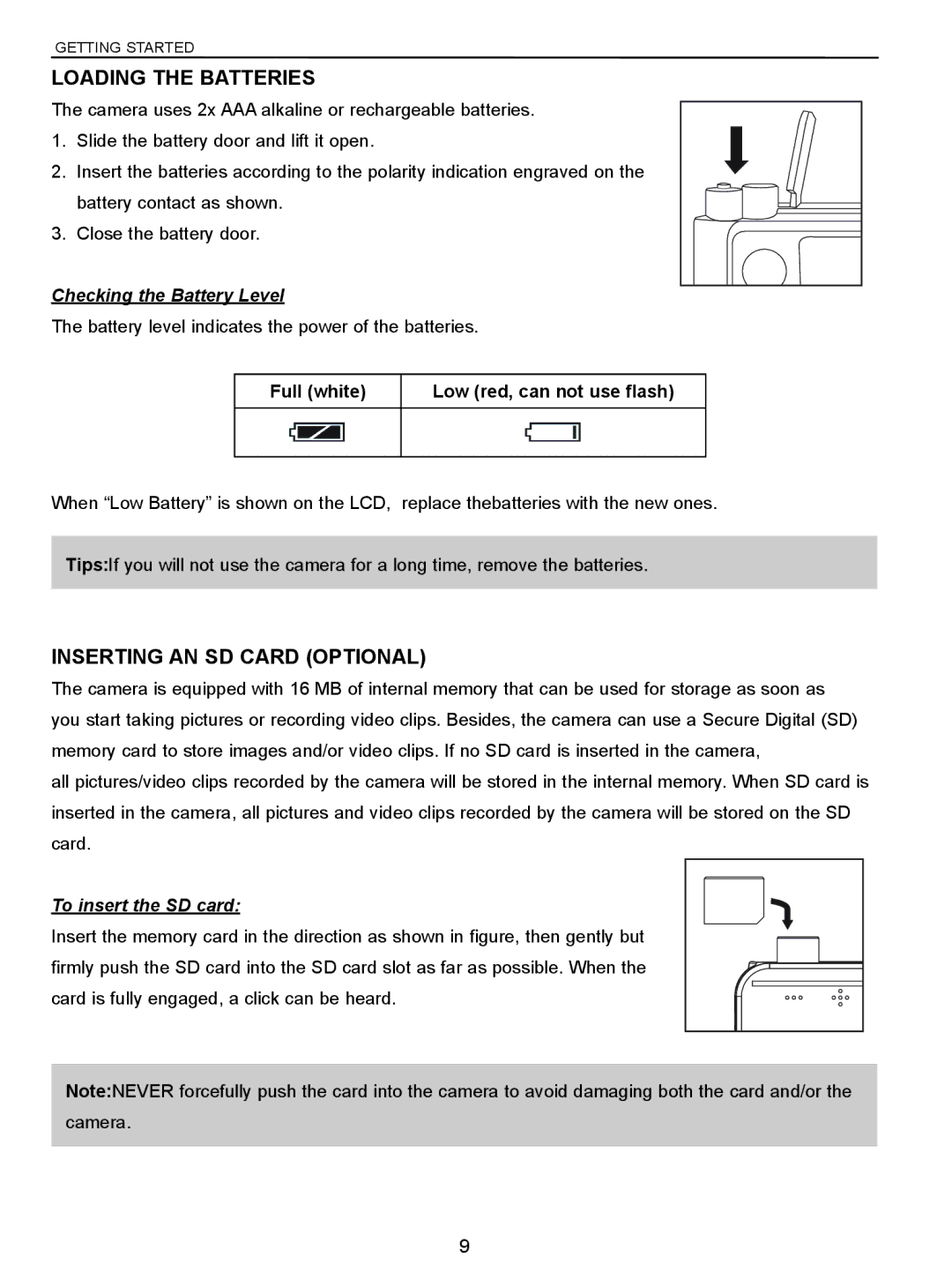 Concord Camera C 3.1 SL manual Loading the Batteries, Inserting AN SD Card Optional, Checking the Battery Level 