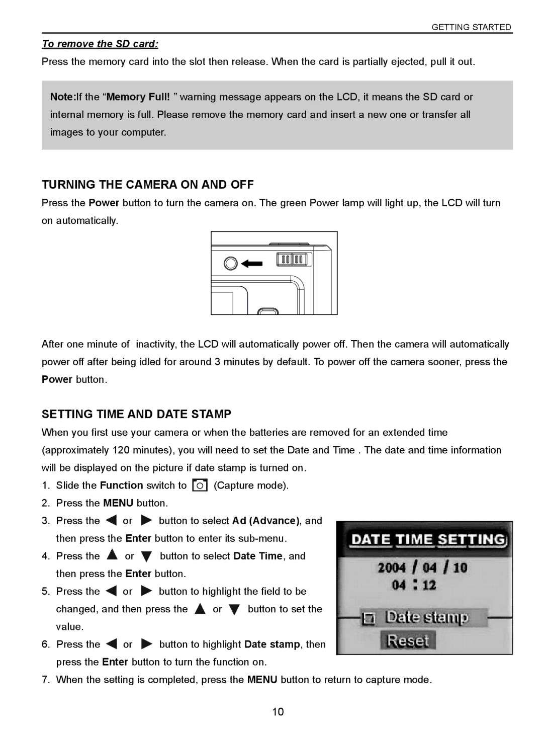 Concord Camera C 3.1 SL manual Turning the Camera on and OFF, Setting Time and Date Stamp, To remove the SD card 