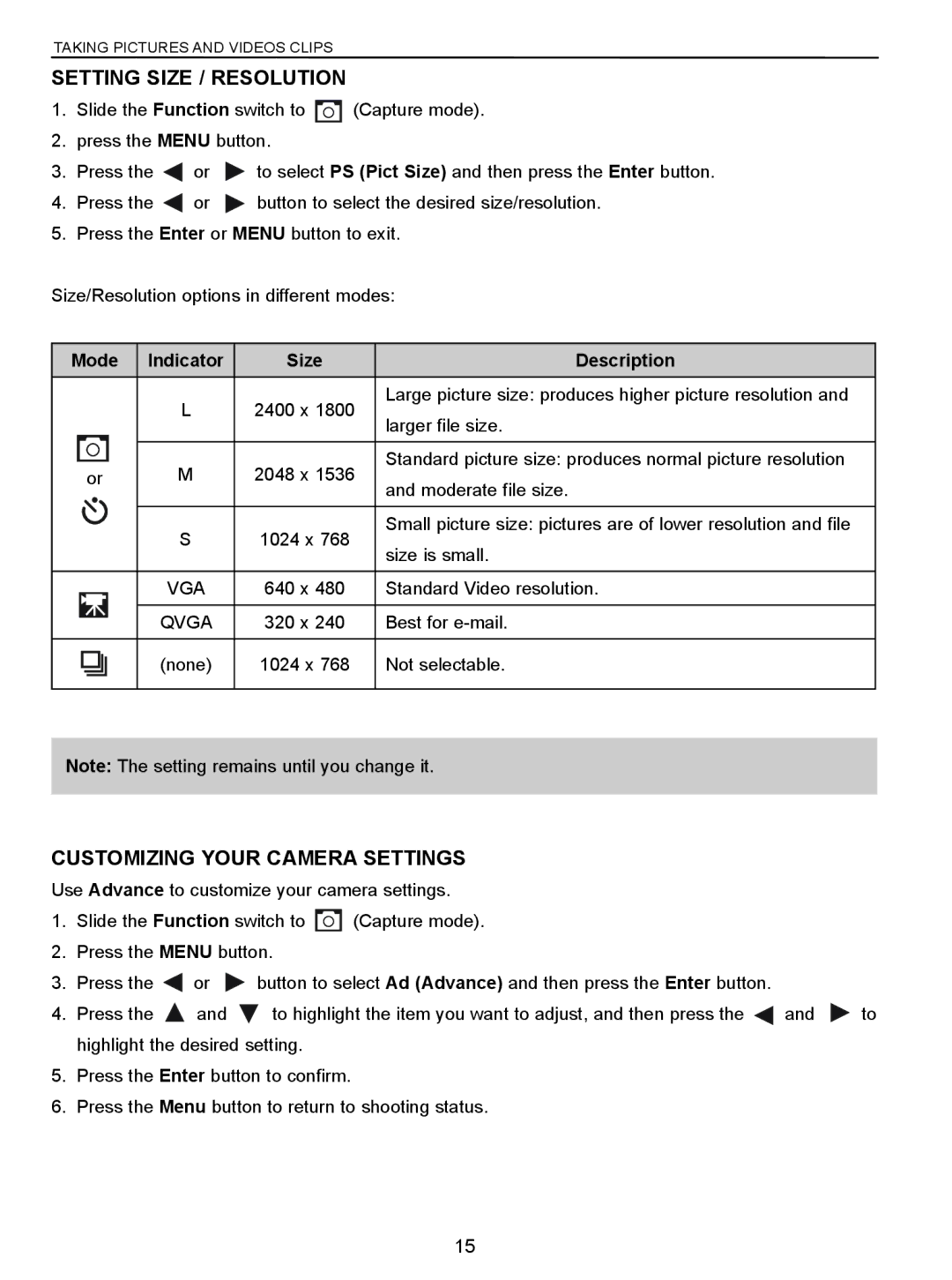 Concord Camera C 3.1 SL manual Setting Size / Resolution, Customizing Your Camera Settings, Mode Indicator Size Description 