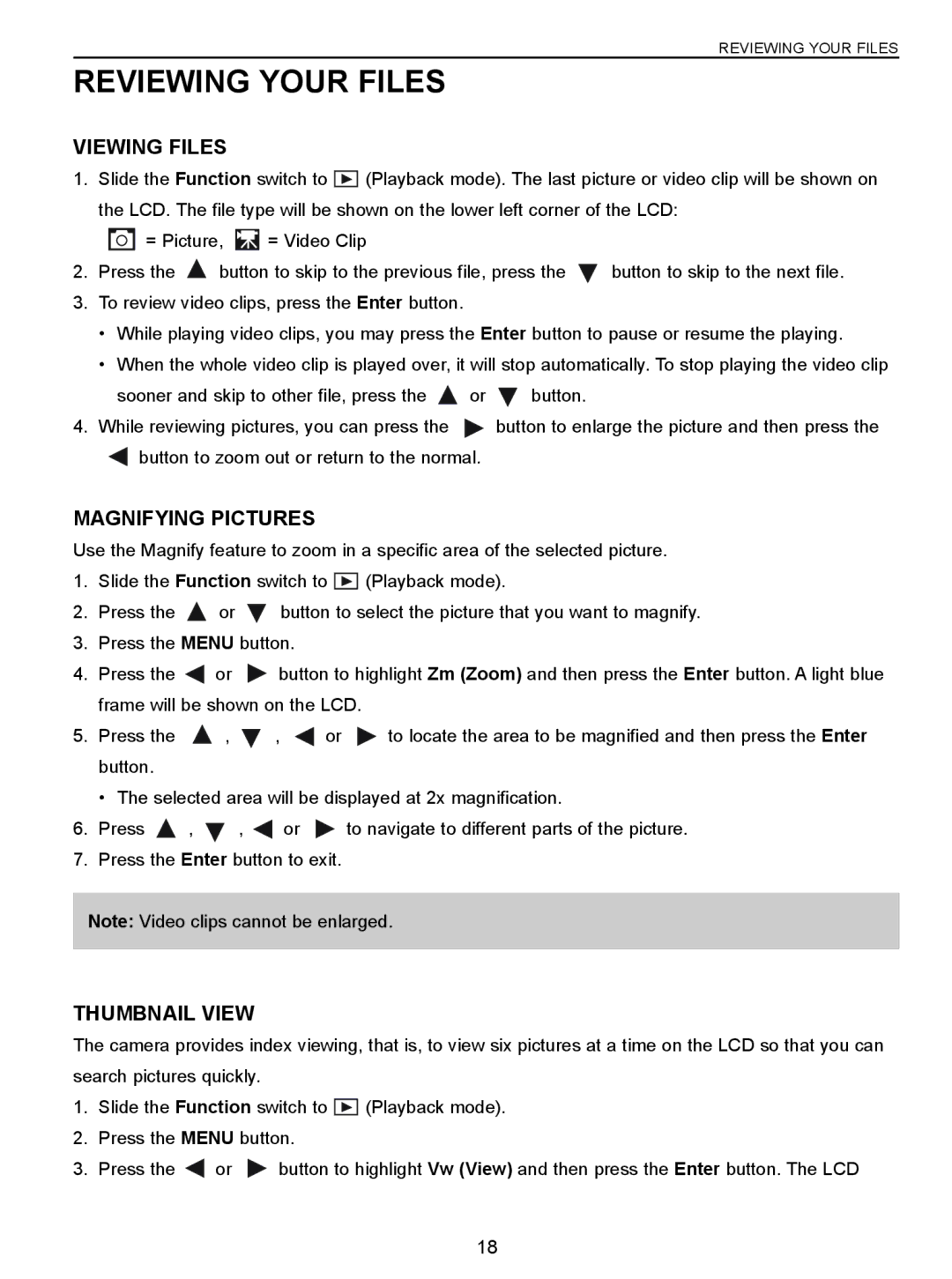 Concord Camera C 3.1 SL manual Reviewing Your Files, Viewing Files, Magnifying Pictures, Thumbnail View 