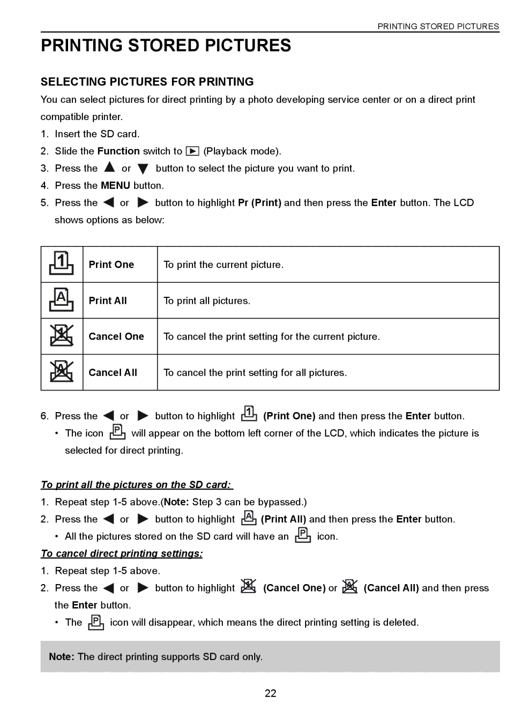 Concord Camera C 3.1 SL Printing Stored Pictures, Selecting Pictures for Printing, To cancel direct printing settings 