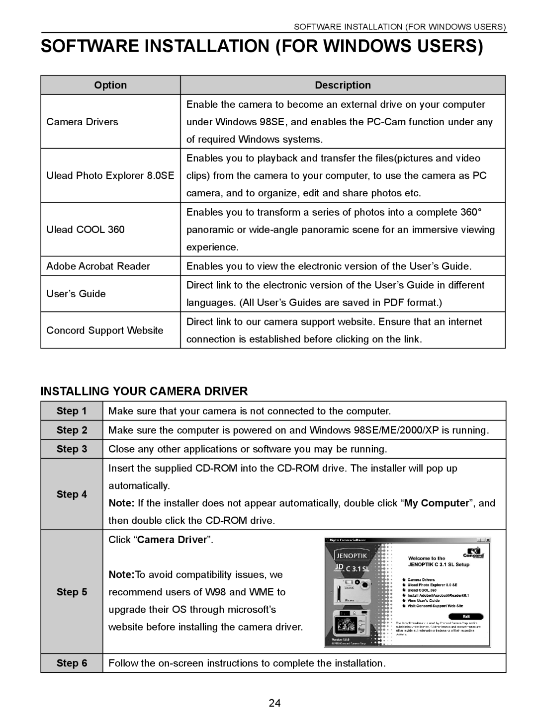 Concord Camera C 3.1 SL Software Installation for Windows Users, Installing Your Camera Driver, Option Description, Step 