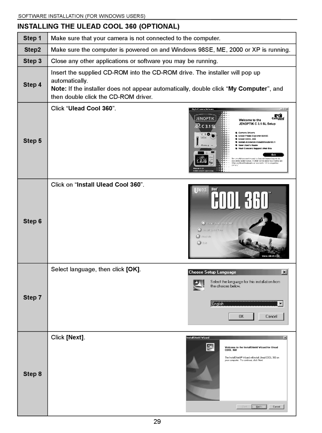 Concord Camera C 3.1 SL manual Installing the Ulead Cool 360 Optional, Click Ulead Cool, Step Click on Install Ulead Cool 