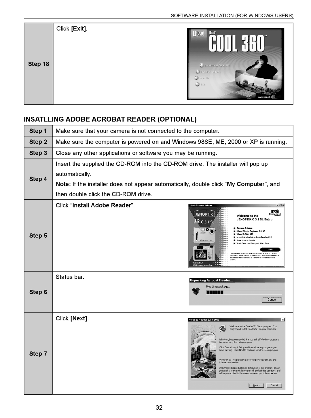 Concord Camera C 3.1 SL manual Insatlling Adobe Acrobat Reader Optional, Click Install Adobe Reader 