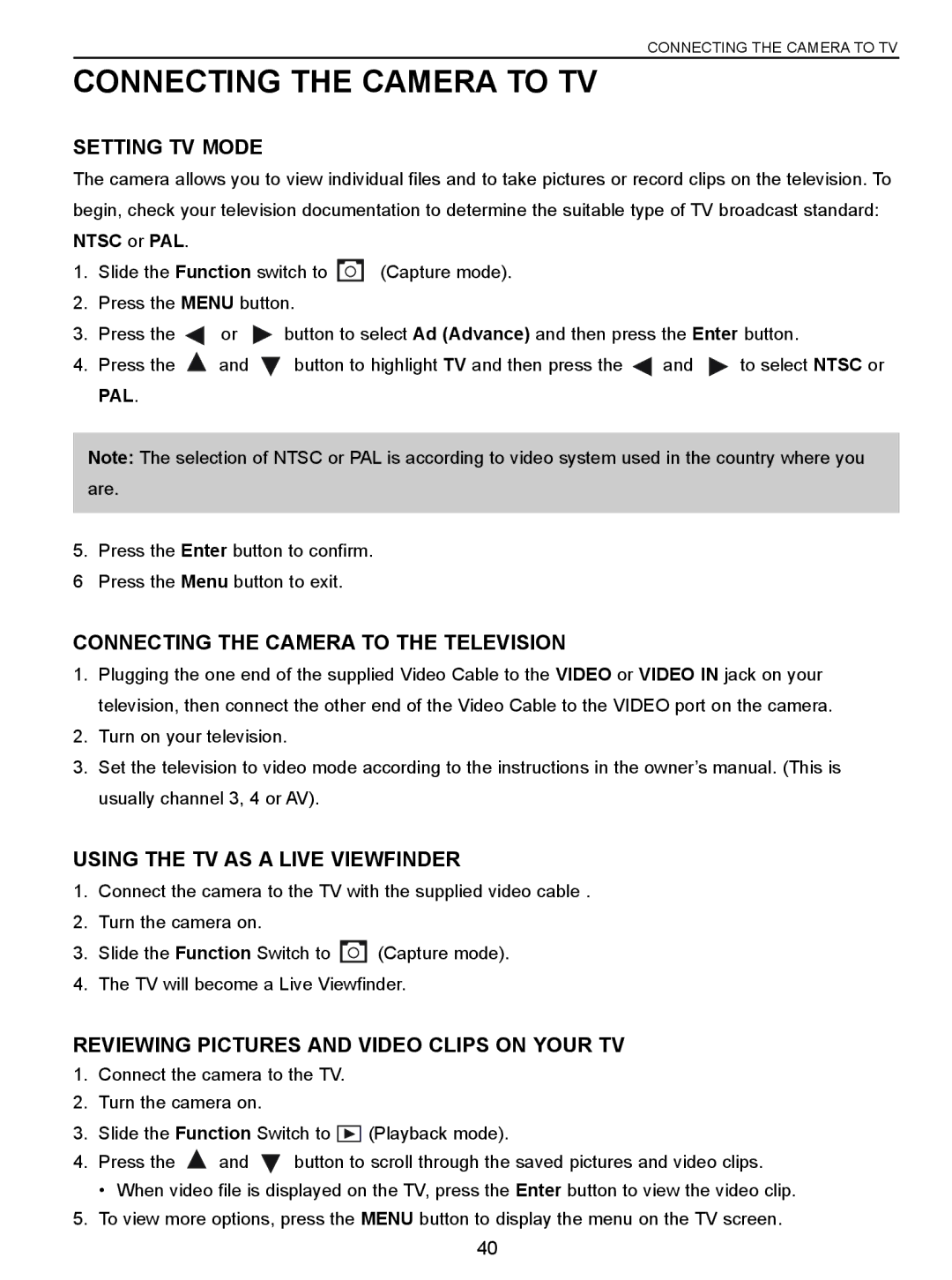 Concord Camera C 3.1 SL manual Connecting the Camera to TV, Setting TV Mode, Connecting the Camera to the Television 