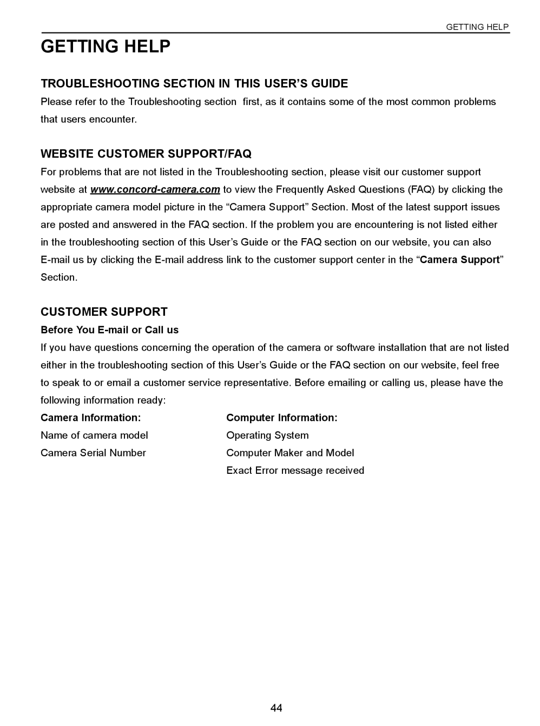Concord Camera C 3.1 SL manual Getting Help, Troubleshooting Section in this USER’S Guide, Before You E-mail or Call us 