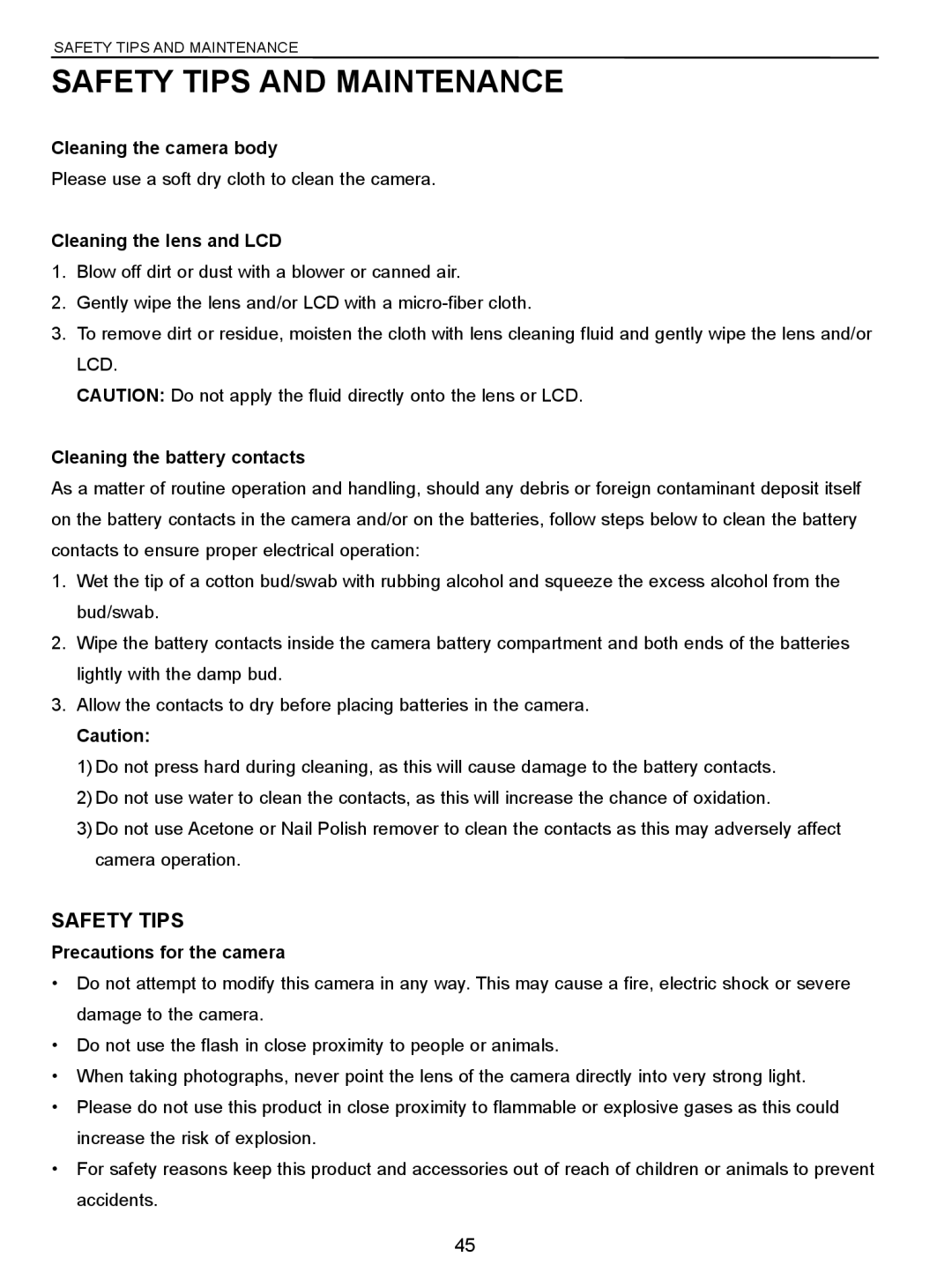 Concord Camera C 3.1 SL manual Safety Tips and Maintenance 