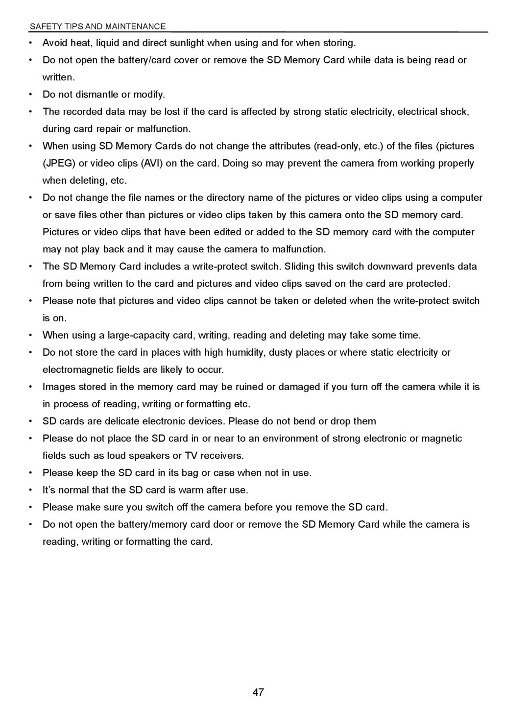 Concord Camera C 3.1 SL manual Safety Tips and Maintenance 