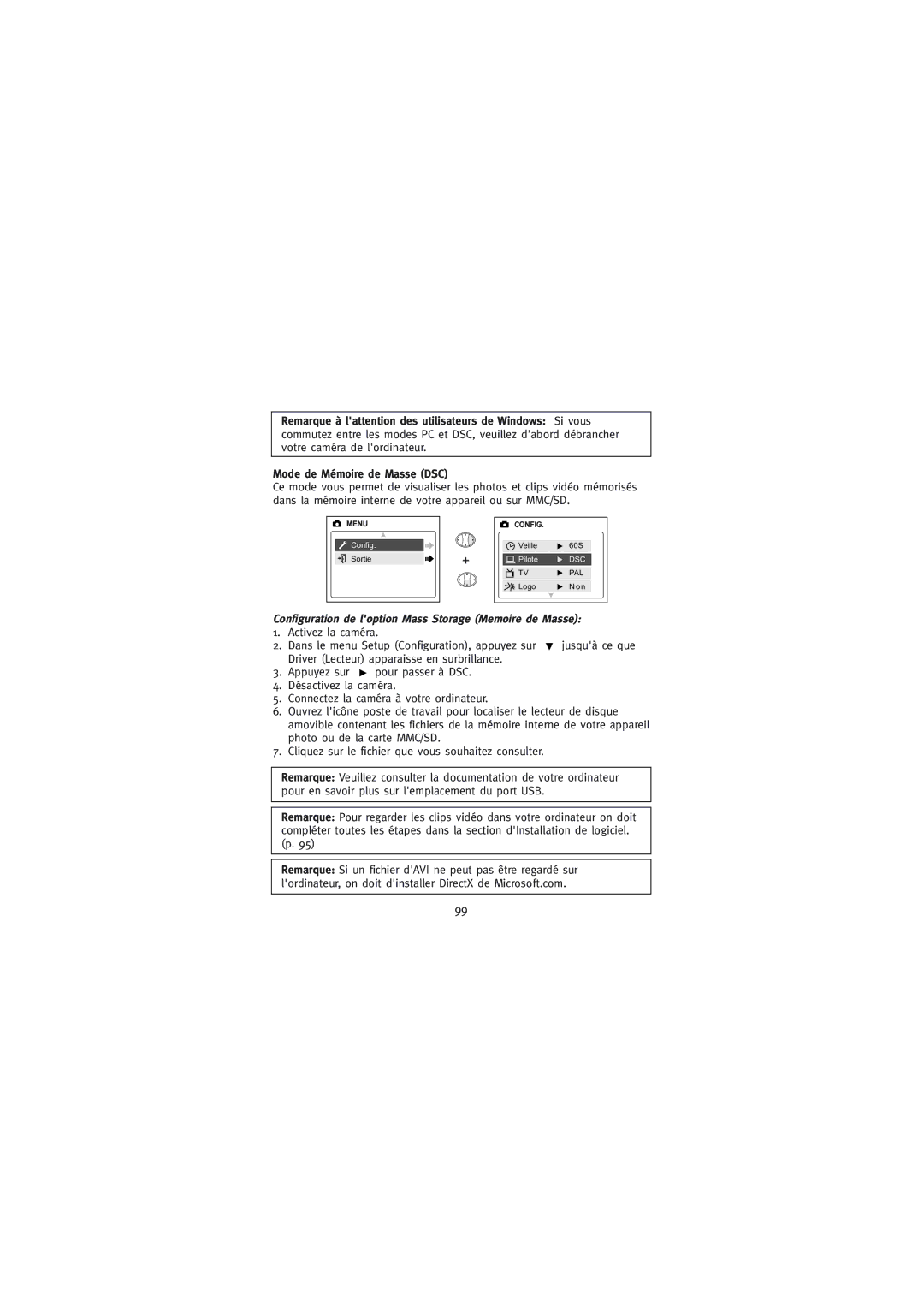 Concord Camera Duo 2000 manual Configuration de loption Mass Storage Memoire de Masse 