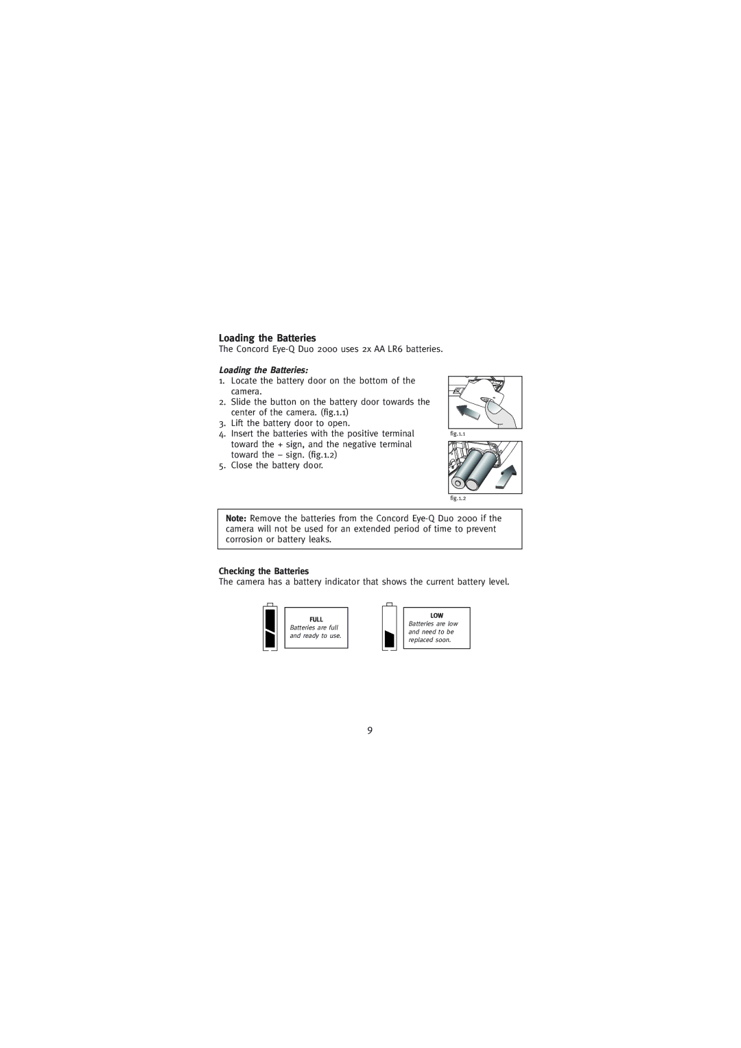 Concord Camera Duo 2000 manual Loading the Batteries, Checking the Batteries 