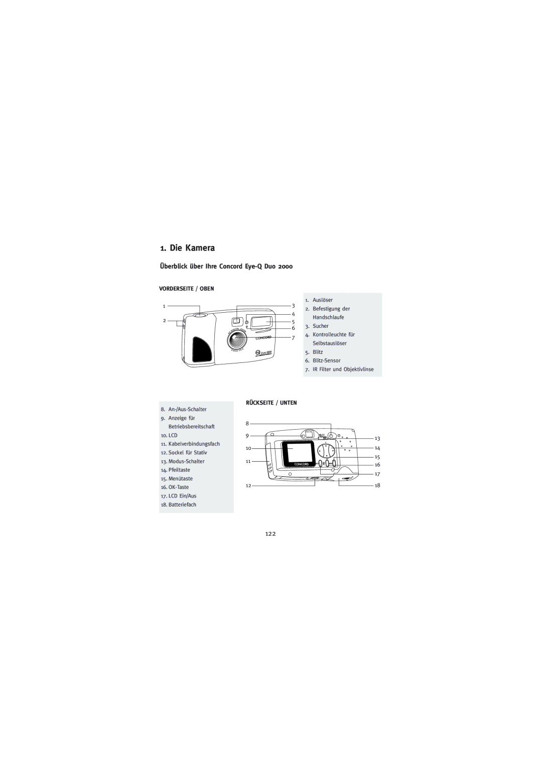 Concord Camera Duo 2000 Die Kamera, 122, Überblick über Ihre Concord Eye-Q Duo, Vorderseite / Oben, Rückseite / Unten 