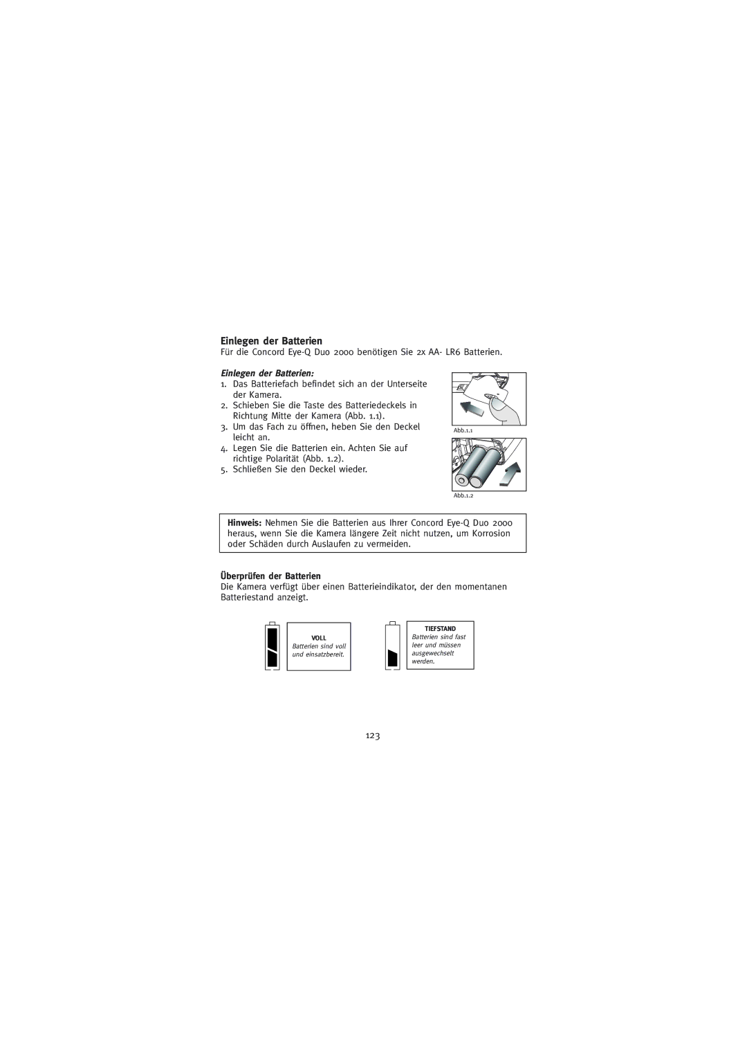 Concord Camera Duo 2000 manual Einlegen der Batterien, 123, Überprüfen der Batterien 