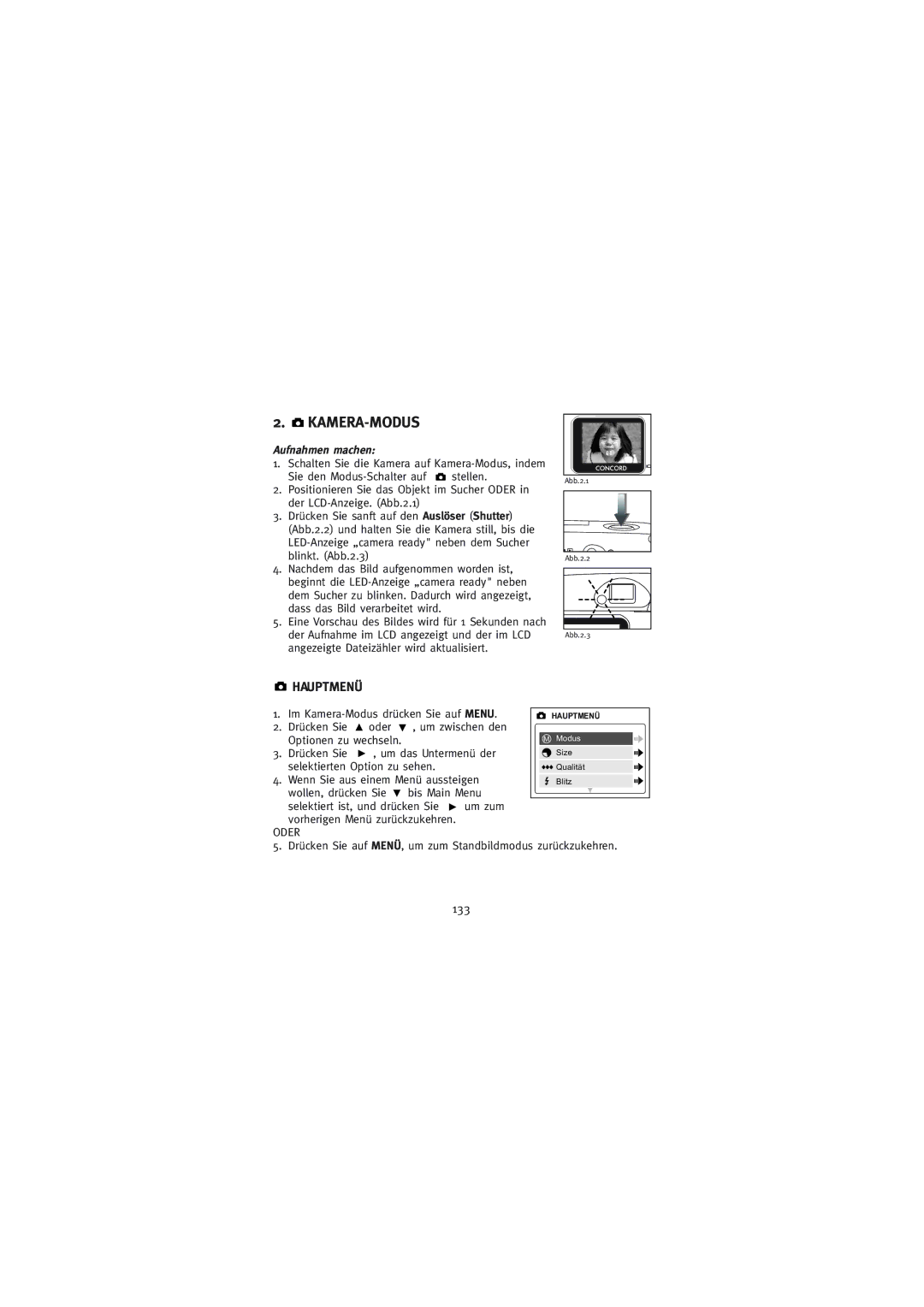 Concord Camera Duo 2000 manual Hauptmenü, 133, Aufnahmen machen 