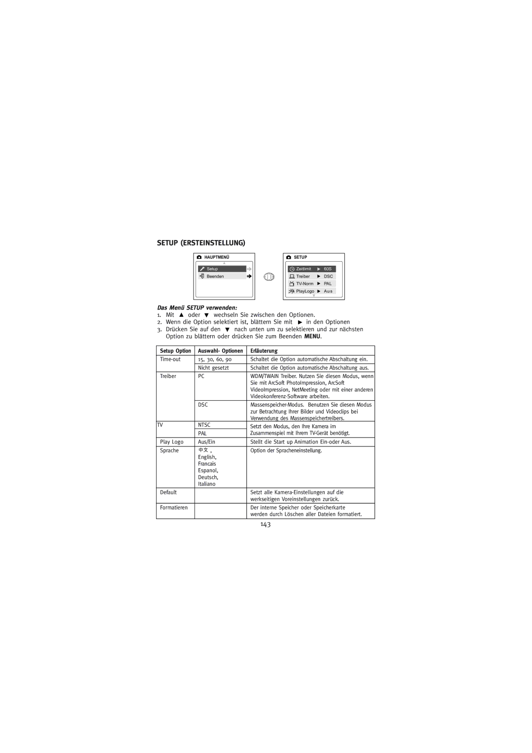 Concord Camera Duo 2000 manual Setup Ersteinstellung, 143, Erläuterung 
