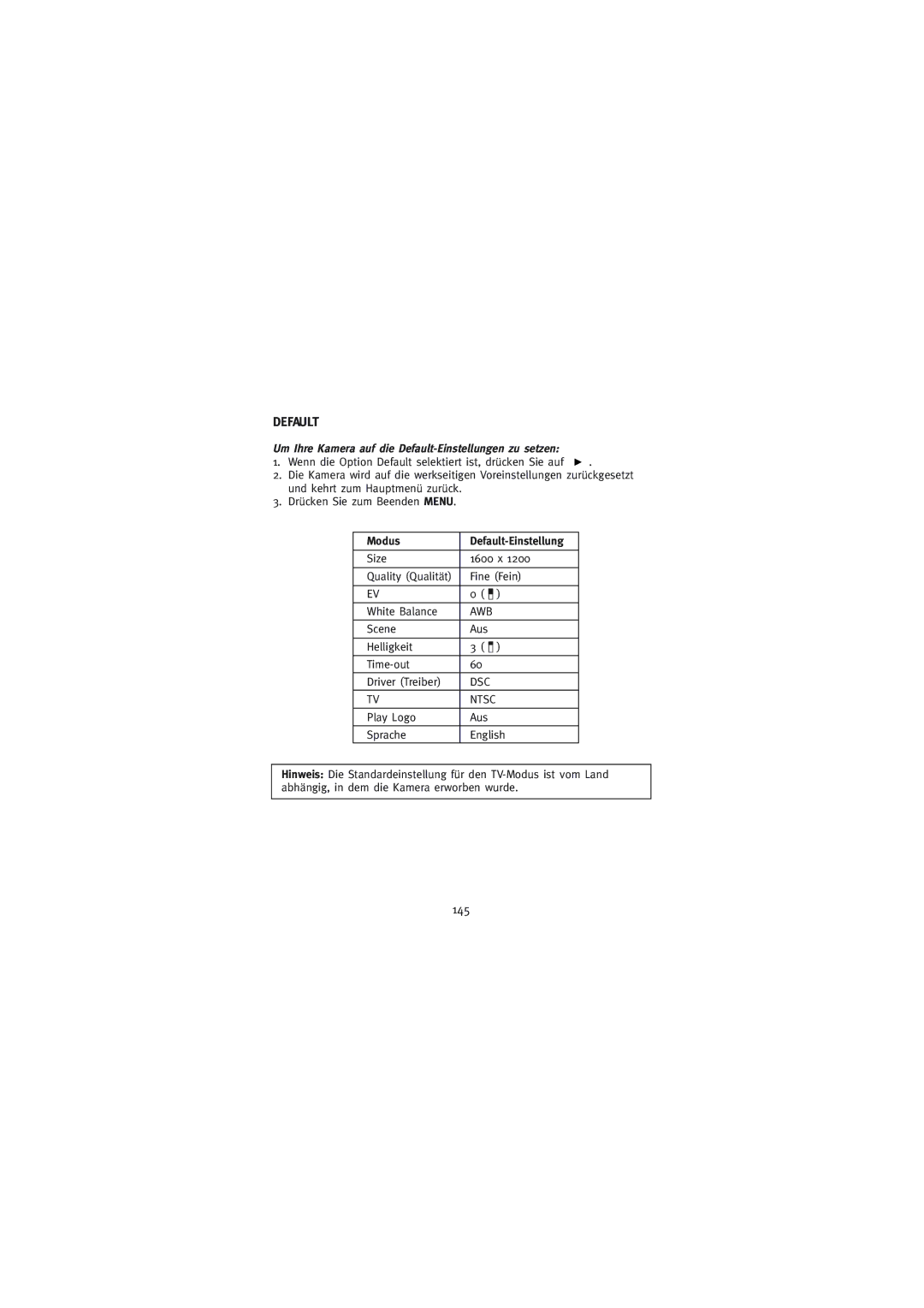 Concord Camera Duo 2000 manual 145, Um Ihre Kamera auf die Default-Einstellungen zu setzen, Modus Default-Einstellung 