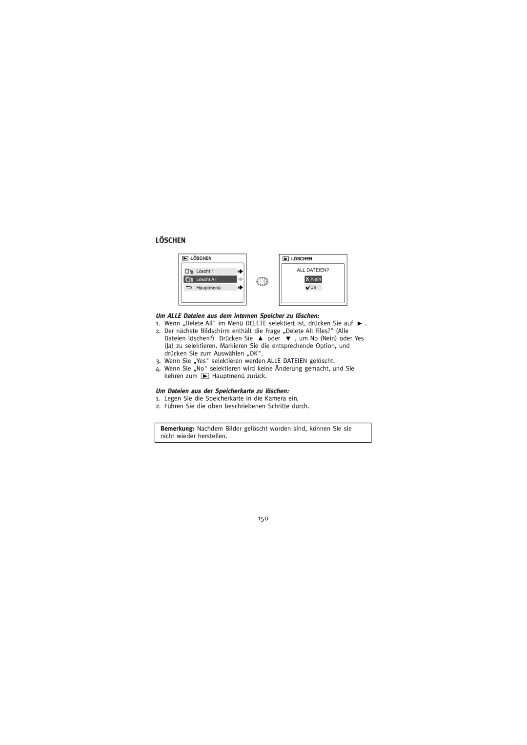 Concord Camera Duo 2000 manual Löschen, 150, Um Alle Dateien aus dem internen Speicher zu löschen 