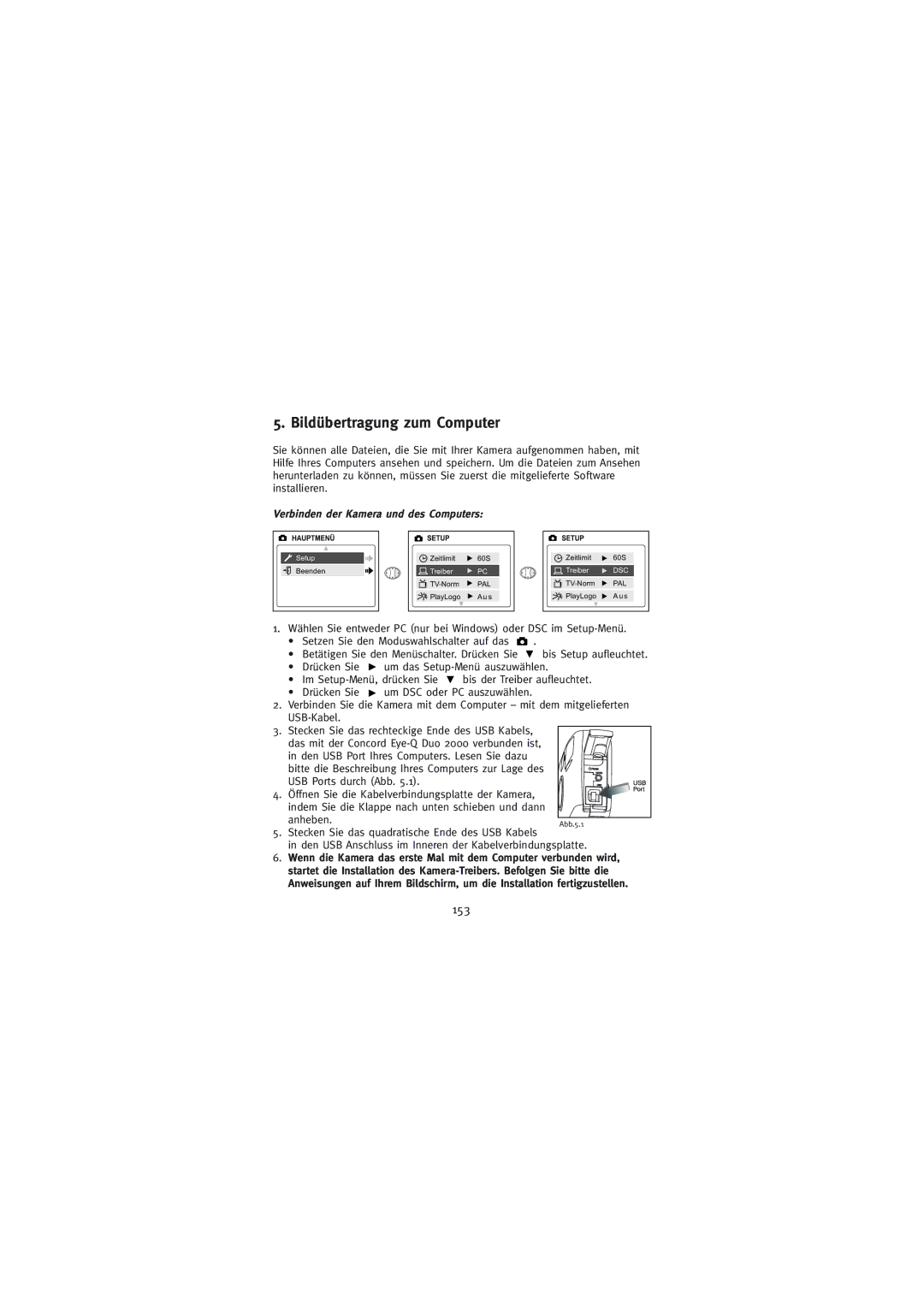 Concord Camera Duo 2000 manual Bildübertragung zum Computer, 153, Verbinden der Kamera und des Computers 