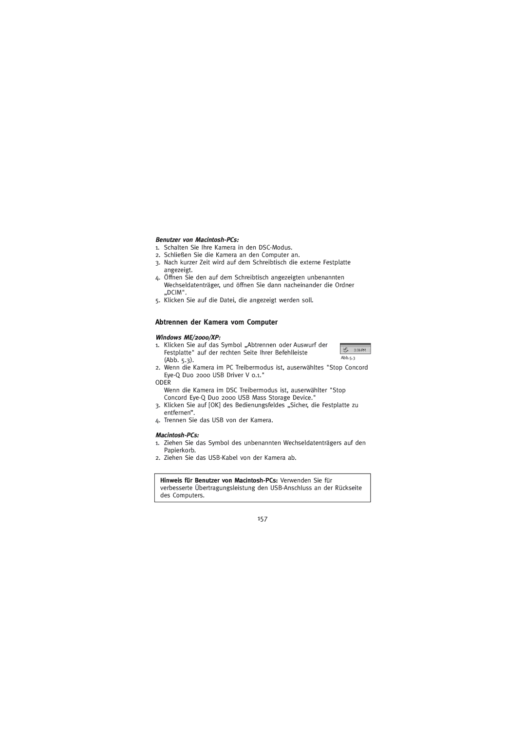 Concord Camera Duo 2000 manual Abtrennen der Kamera vom Computer, 157, Benutzer von Macintosh-PCs, Windows ME/2000/XP 