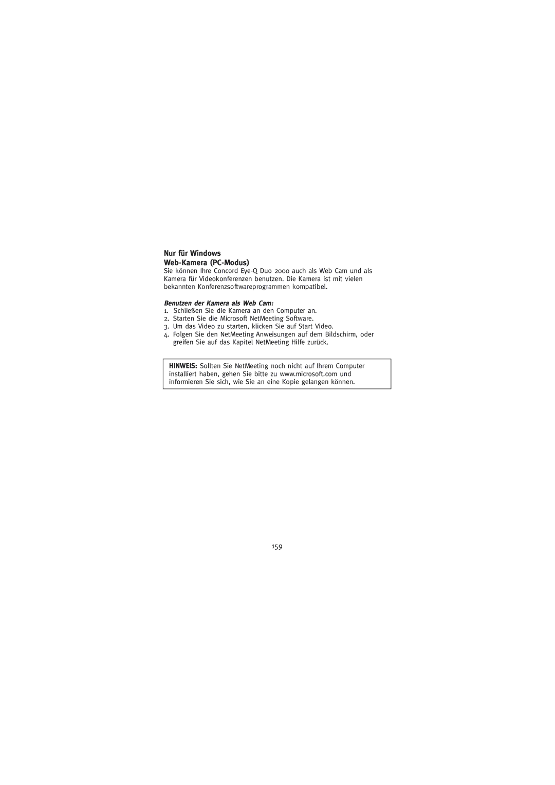 Concord Camera Duo 2000 manual Nur für Windows Web-Kamera PC-Modus, 159, Benutzen der Kamera als Web Cam 