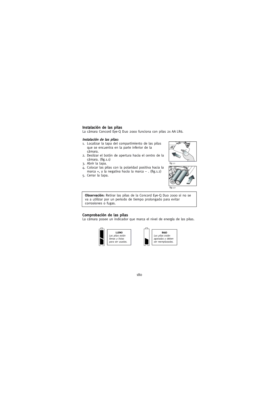 Concord Camera Duo 2000 manual Instalación de las pilas, Comprobación de las pilas, 180 