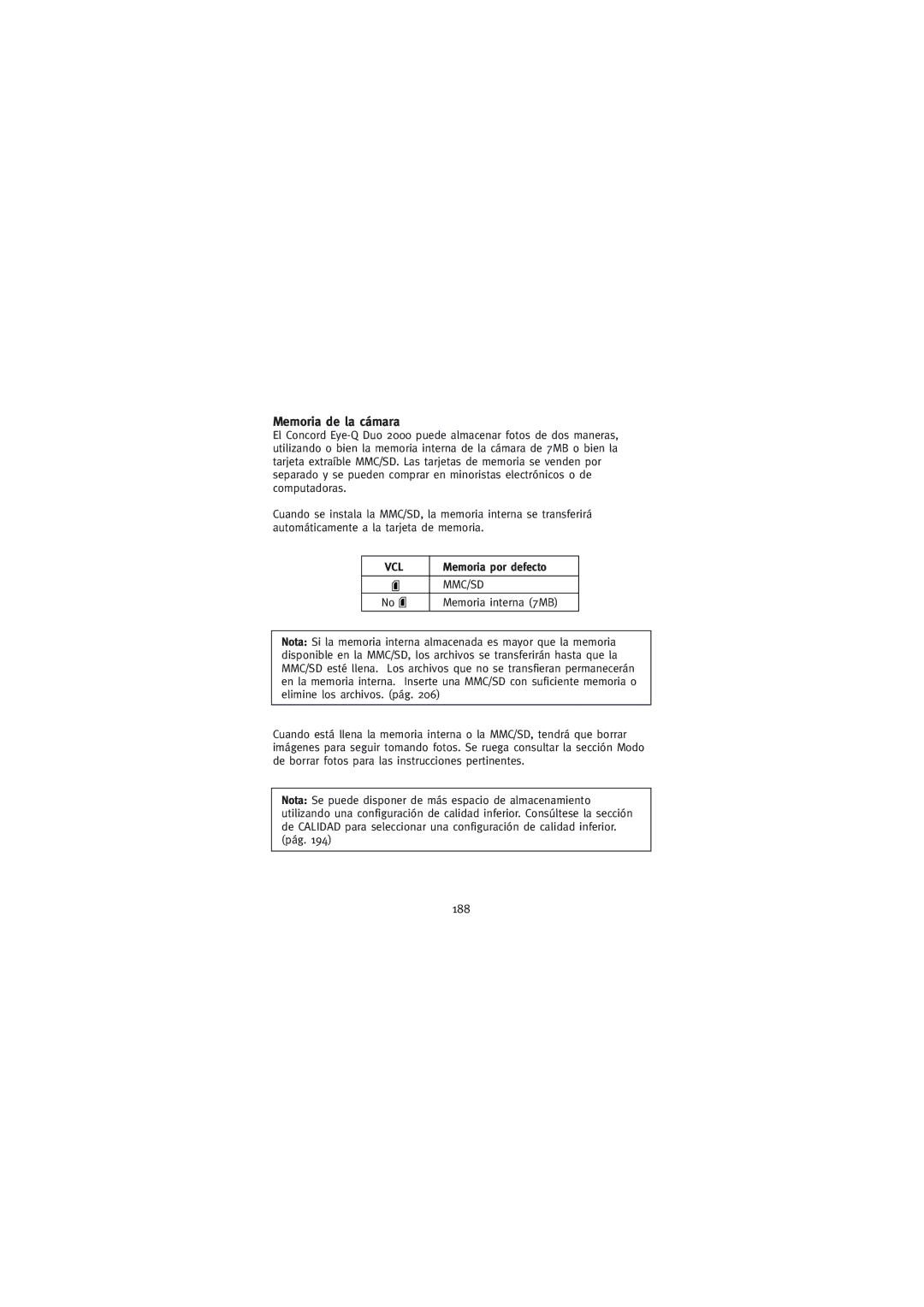 Concord Camera Duo 2000 manual Memoria de la cámara, 188, Memoria por defecto 