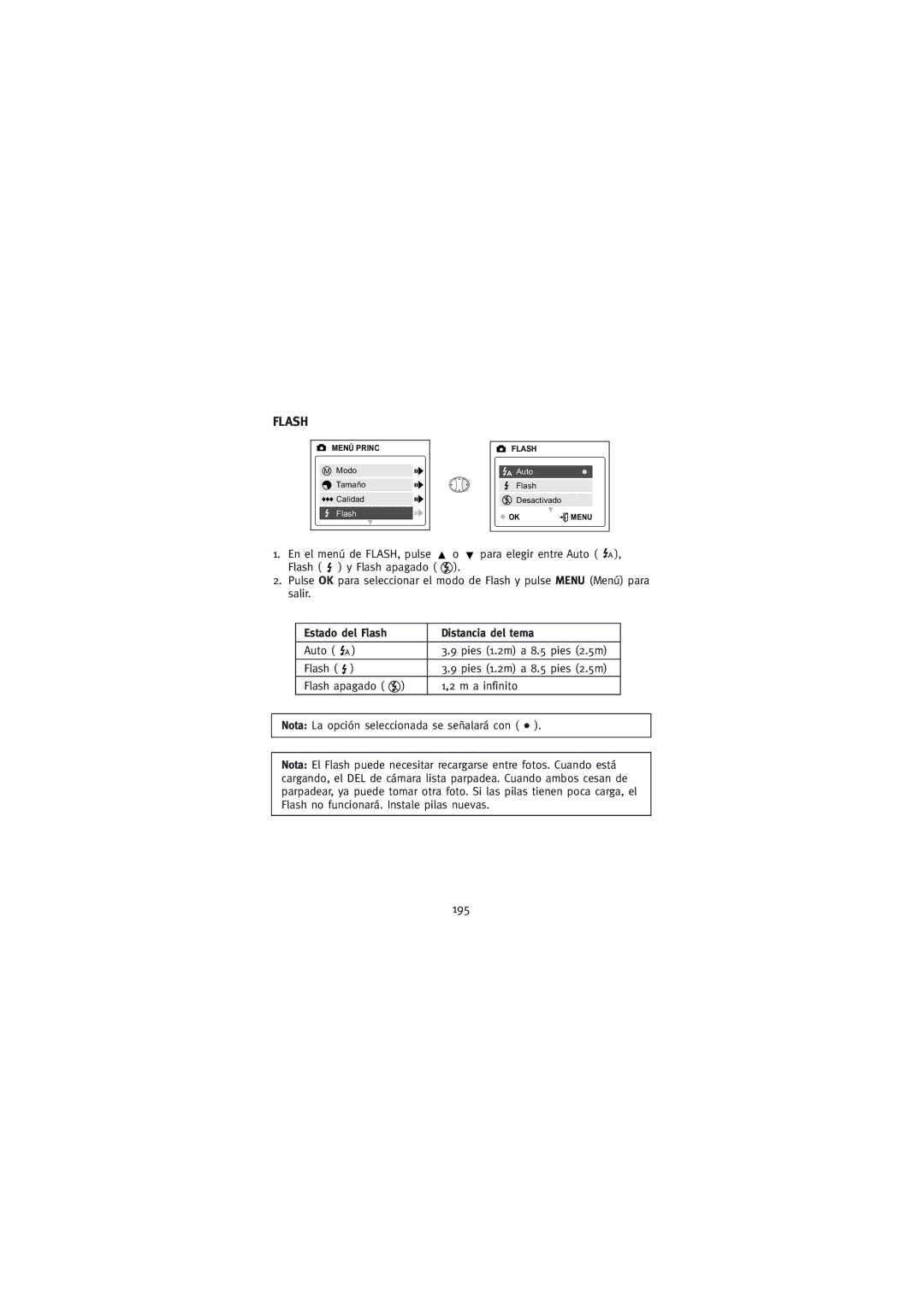 Concord Camera Duo 2000 manual 195, Estado del Flash Distancia del tema 