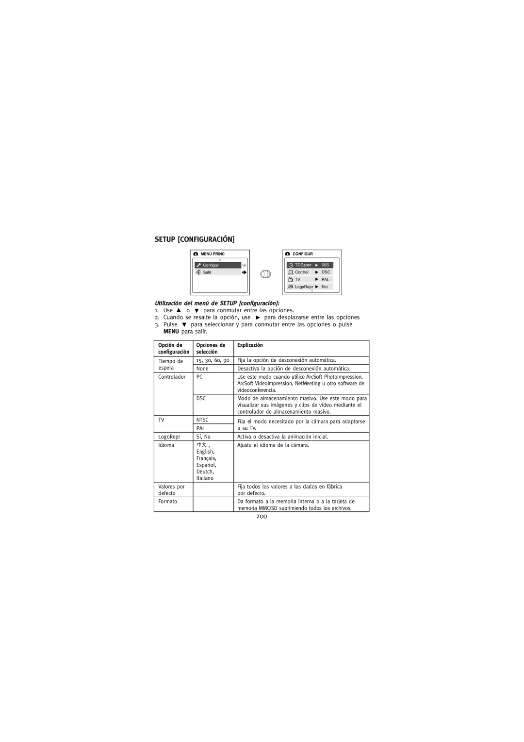 Concord Camera Duo 2000 manual Setup Configuración, Opción de, Explicación, Selección 