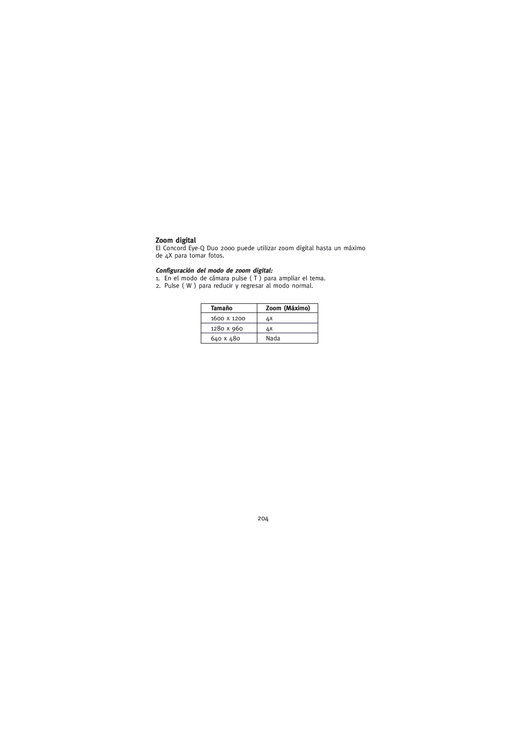 Concord Camera Duo 2000 manual Zoom digital, 204, Configuración del modo de zoom digital, Tamaño 